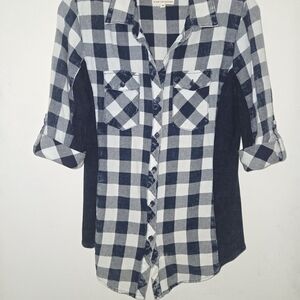 Navy and White Plaid Button-Up Shirt